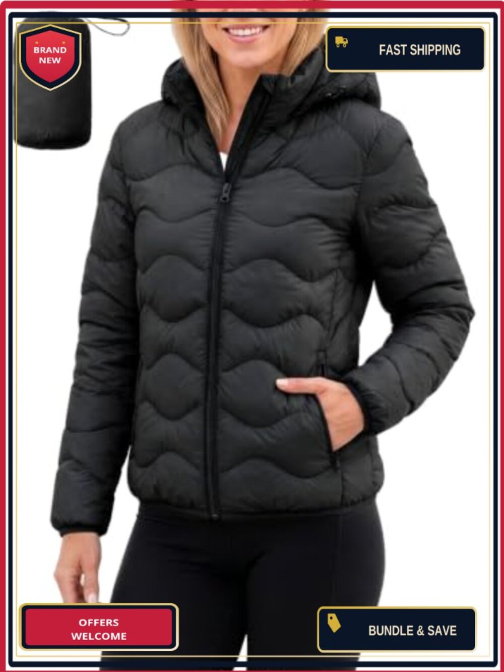 Womens Packable Puffer Jacket Wavy Quilted Coat Detachable Hood